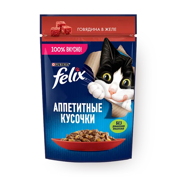 Влажный корм для кошек Felix Аппетитные кусочки с говядиной в желе