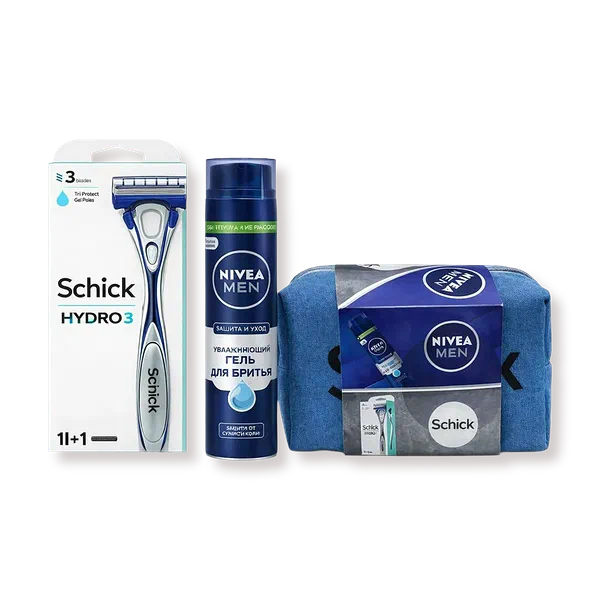 Набор подарочный Schick&Nivea Man 2 в 1 средство для бритья  Nivea Men, бритвенный станок Schick и косметичка
