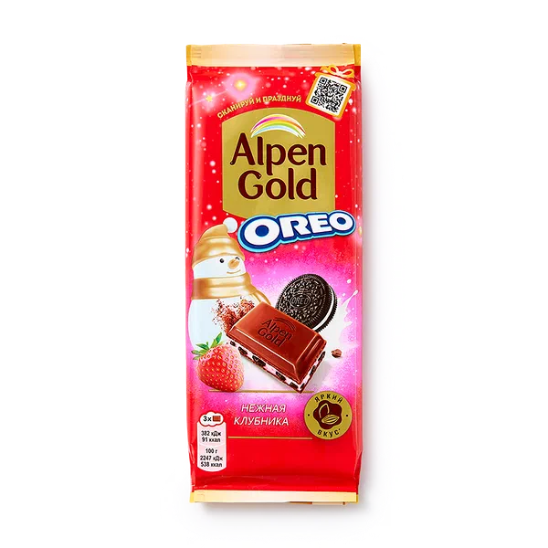 Шоколад молочный Alpen Gold нежная клубника с кусочками печенья Oreo