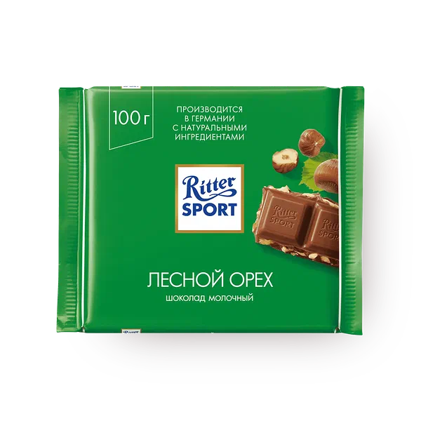 Шоколад молочный Ritter Sport с дроблёным лесным орехом