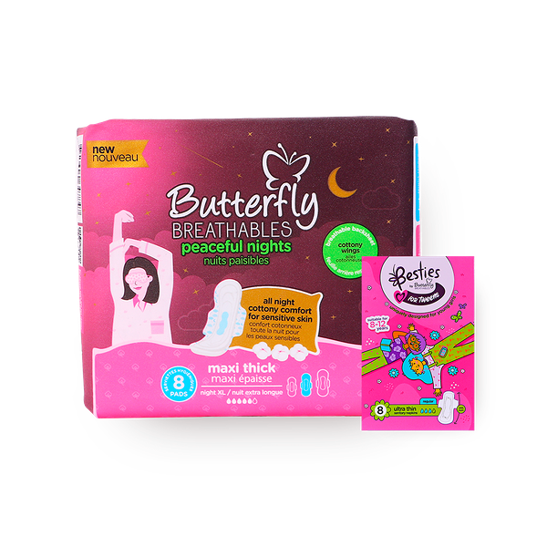Прокладки гигиенические ежедневные Butterfly Tweens, 8 pc. + Прокладки женские Butterfly Peaceful Maxi Nights Cotton, 8 pc.