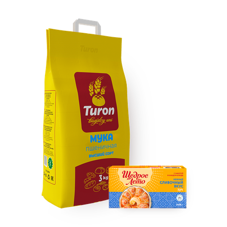 Мука пшeничная высший сорт «Турон», 3 kg + Маргарин твёрдый 72% «Щедрое лето» сливочный вкус, 1 kg