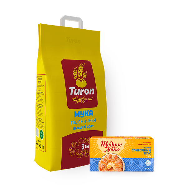 Мука пшeничная высший сорт «Турон», 3 kg + Маргарин твёрдый 72% «Щедрое лето» сливочный вкус, 1 kg