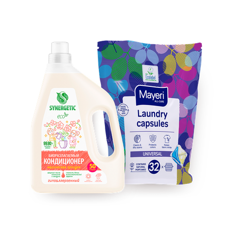 Капсулы для стирки белья Mayeri All-Care универсальные, 32 pc + Кондиционер-ополаскиватель для белья Synergetic Магическая орхидея гипоаллергенный, биоразлагаемый, 1.5 L