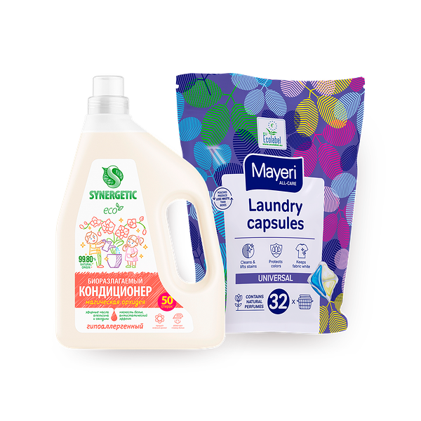 Капсулы для стирки белья Mayeri All-Care универсальные, 32 pc + Кондиционер-ополаскиватель для белья Synergetic Магическая орхидея гипоаллергенный, биоразлагаемый, 1.5 L