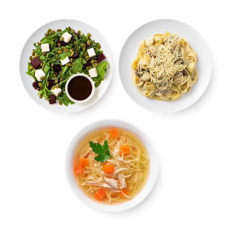 Куриный бульон с лапшой Mazzali, 300 g + Фетучини Альфредо Mazzali, 235 g + Салат свекольный с рукколой Mazzali, 150 g