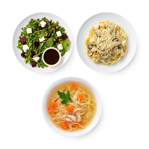 Куриный бульон с лапшой Mazzali, 300 g + Фетучини Альфредо Mazzali, 235 g + Салат свекольный с рукколой Mazzali, 150 g