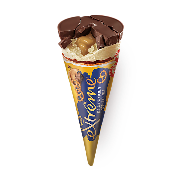 Extreme Nougat coin flip and pretzel core ice cream cone