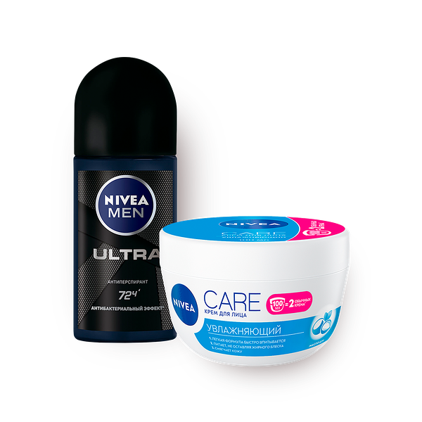 Дезодорант-антиперспирант Nivea Men Ultra роликовый, 50 ml + Крем для лица Nivea Care увлажняющий для всех типов кожи, 100 ml