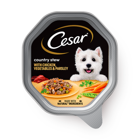 Canned dog Cesar with chicken, veg & parsley