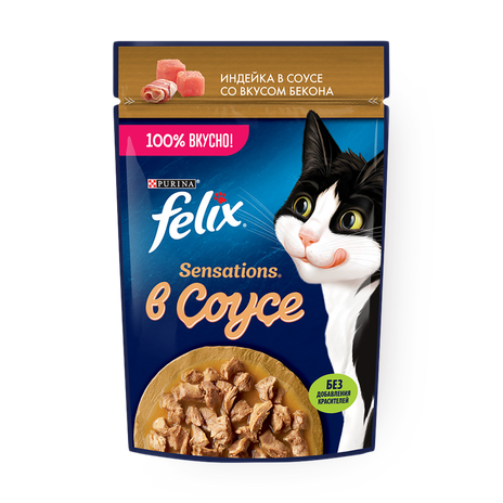 Влажный корм для взрослых кошек Felix Sensations с индейкой в соусе со вкусом бекона