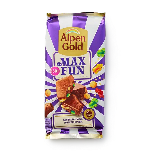 Шоколад Alpen Gold Max fun молочный манго, ананас, маракуйя, взрывная карамель, шипучие шарики