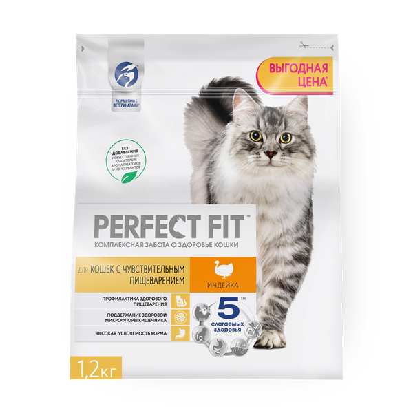 Сухой корм для кошек с чувствительным пищеварением Perfect Fit индейка