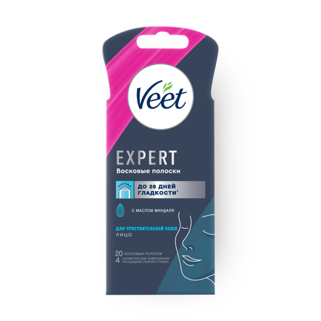 Восковые полоски Veet Expert для чувствительной кожи лица с маслом миндаля