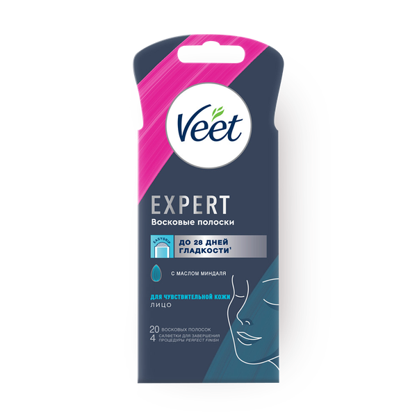 Восковые полоски Veet Expert для чувствительной кожи лица с маслом миндаля