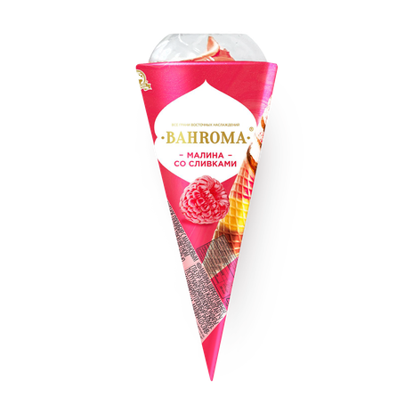 Мороженое пломбир двухслойный Bahroma малина со сливками в вафельном рожке с глазурью