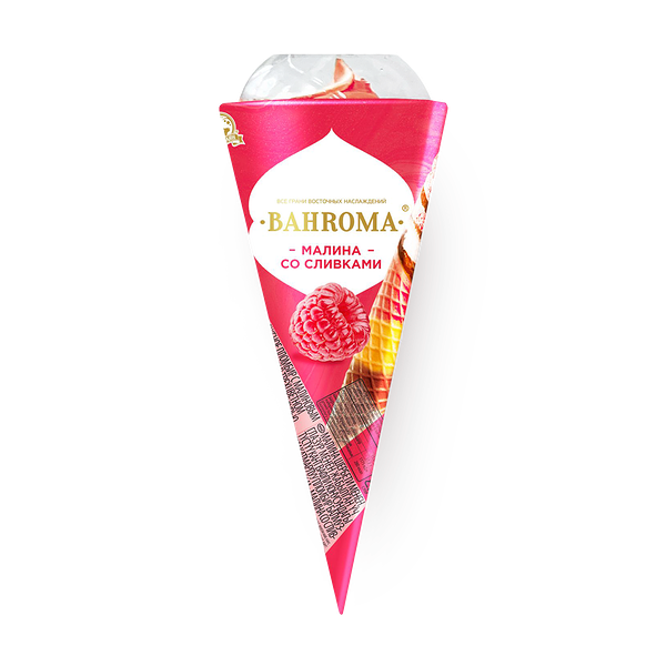 Мороженое пломбир двухслойный Bahroma малина со сливками в вафельном рожке с глазурью