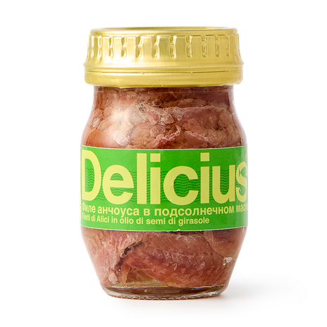 Анчоус филе Delicius в подсолнечном масле, 90 г — купить с доставкой из ...