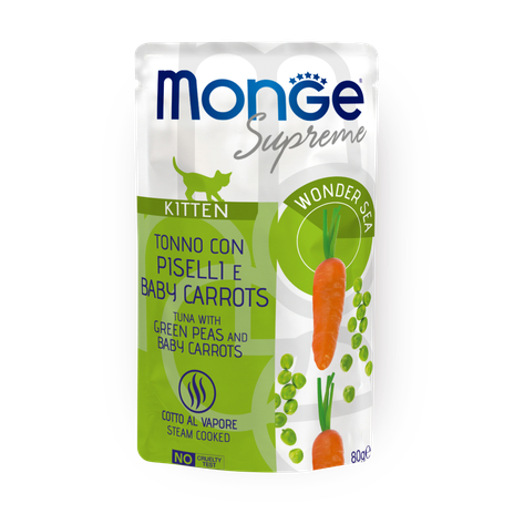 Влажный корм для котят Monge Supreme тунец с зелёным горошком и мини-морковью