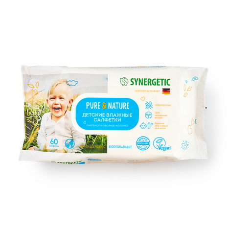 Влажные салфетки детские Synergetic Pure&Nature Пантенол и овсяное молочко гипоаллергенные