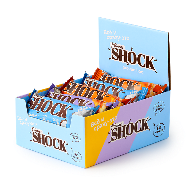 Батончик протеиновый FitnesShock ассорти кокос, арахис, фундук 12 шт.