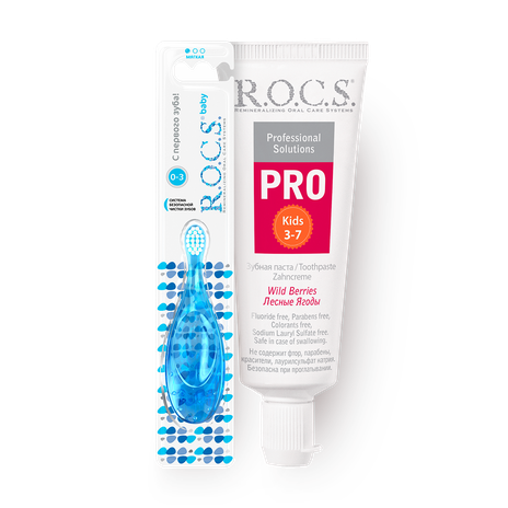 Зубная паста R.O.C.S. Pro Kids лесные ягоды, 45 g + Зубная щётка детская R.O.C.S. Baby 4-7 лет в ассортименте, 1 pc.