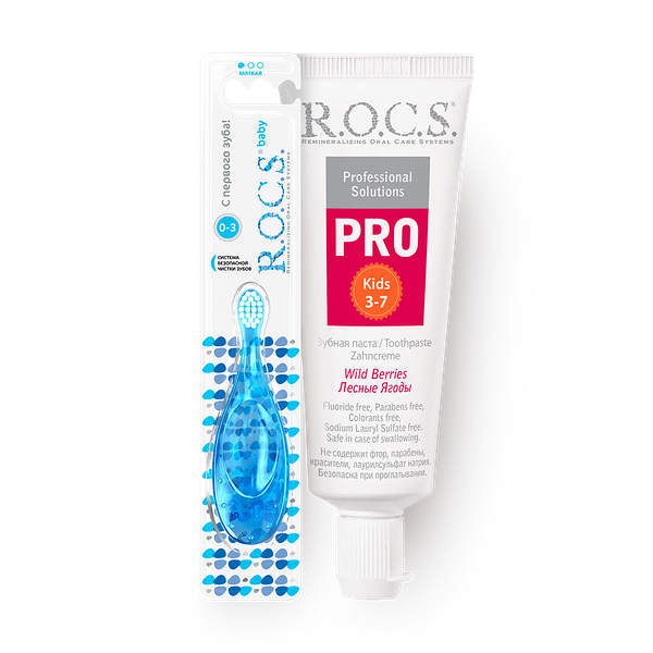 Зубная паста R.O.C.S. Pro Kids лесные ягоды, 45 g + Зубная щётка детская R.O.C.S. Baby 4-7 лет в ассортименте, 1 pc.