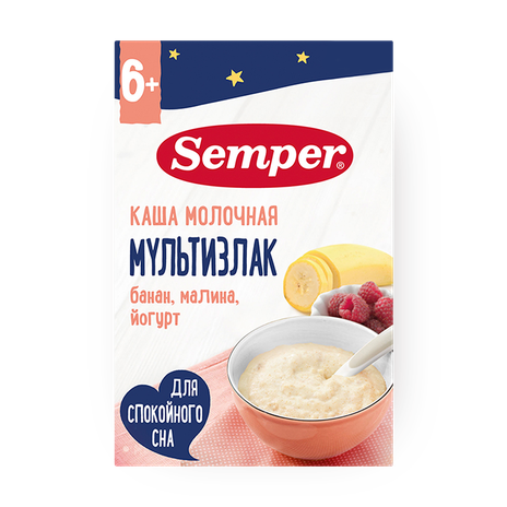 Каша молочная Semper Мультизлаковая с бананом, малиной и йогуртом с 6 месяцев