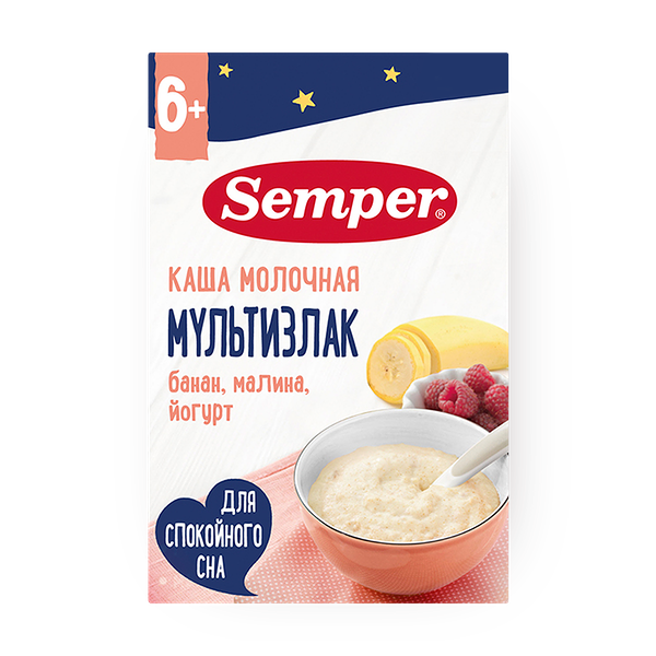 Каша молочная Semper Мультизлаковая с бананом, малиной и йогуртом с 6 месяцев