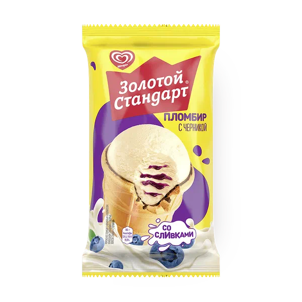 Мороженое пломбир «Инмарко» «Золотой стандарт» с черникой в вафельном стаканчике