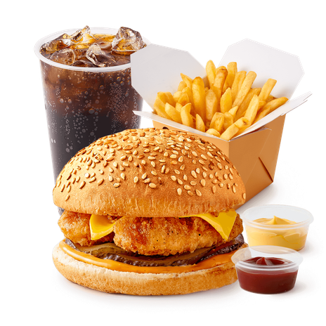 Бургер куриный «Из Лавки» + Большая порция Картофель фри с сырным соусом и кетчупом «Из Лавки» + Напиток Лимонад Coca-Cola со льдом «Из Лавки», 370 ml