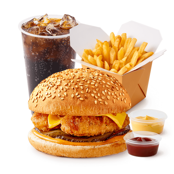 Бургер куриный «Из Лавки» + Большая порция Картофель фри с сырным соусом и кетчупом «Из Лавки» + Напиток Лимонад Coca-Cola со льдом «Из Лавки», 370 ml