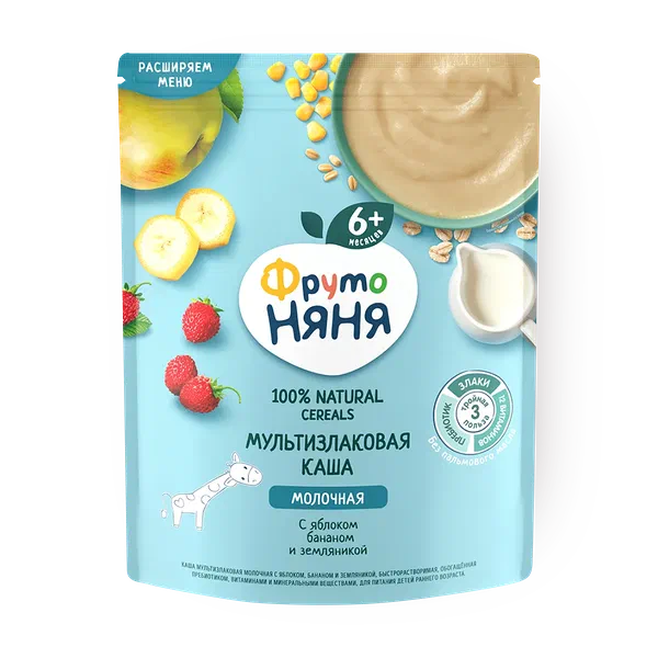 Каша молочная мультизлаковая «ФрутоНяня» яблоко, банан и земляника с 6 месяцев