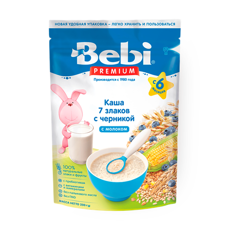 Каша молочная Bebi Premium 7 злаков с черникой, с 6 месяцев