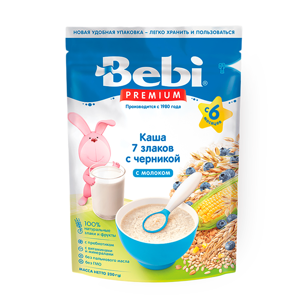 Каша молочная Bebi Premium 7 злаков с черникой, с 6 месяцев