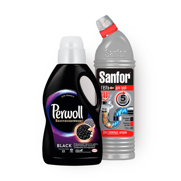 Гель для стирки чёрного белья Perwoll Black, 1.095 L + Средство для прочистки канализационных труб Sanfor гель, 750 ml