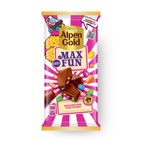 Шоколад молочный Max Fun Alpen Gold с арахисом, шоколадным драже и карамелью