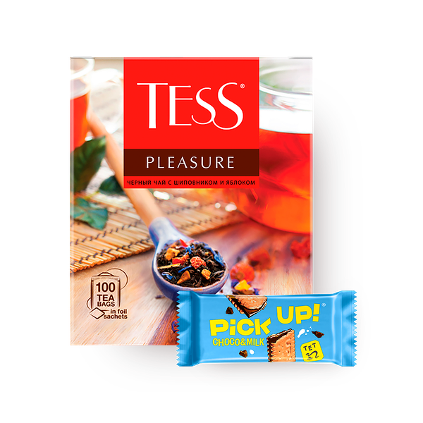 Чай чёрный Tess Pleasure с шиповником и яблоком в пакетиках, 100 pc. + Печенье-сэндвич Pick Up Choko&Milk, 28 g