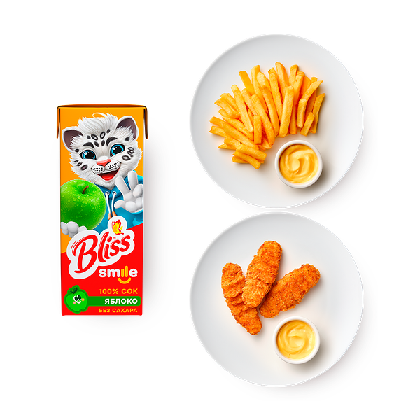 Малая порция Картофель фри с сырным соусом + Малая порция стрипсы с сырным соусом , 3 шт + Сок яблочный осветленный восстановленный Bliss