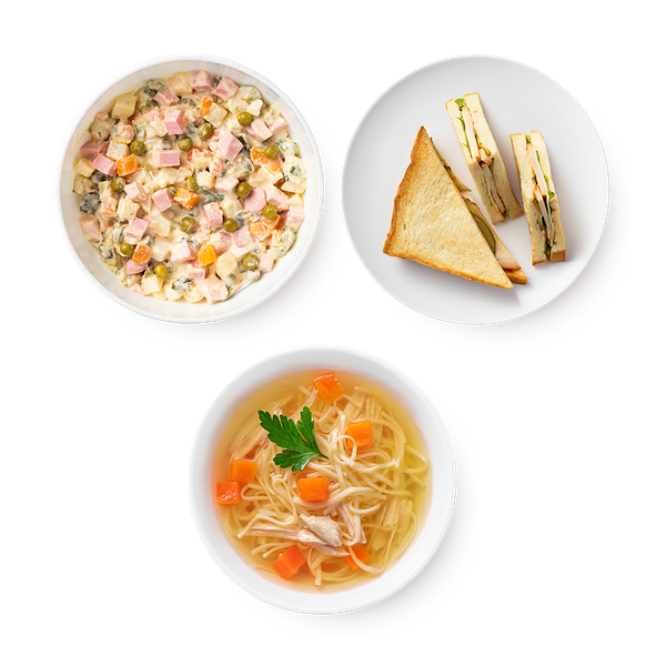Куриный бульон с лапшой Mazzali, 300 g + Клаб сэндвич с индейкой Mazzali, 185 g + Оливье с колбасой Mazzali, 150 g