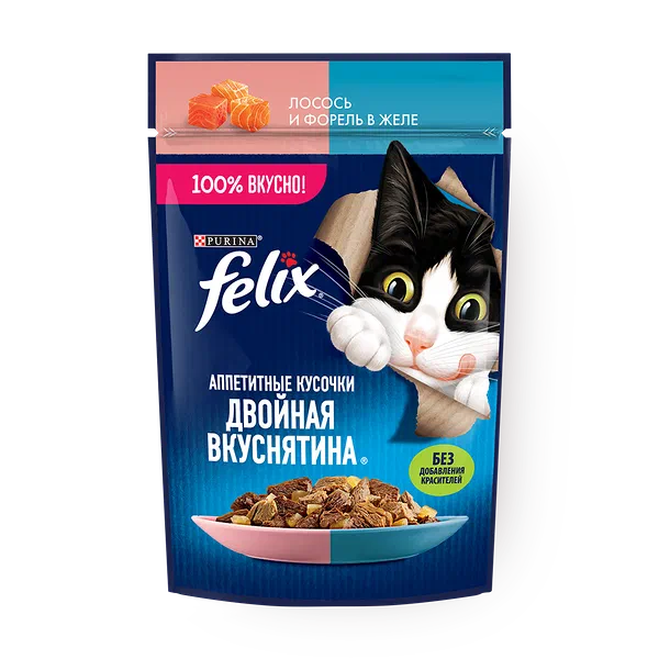 Корм влажный для кошек Felix Двойная вкуснятина лосось и форель в желе