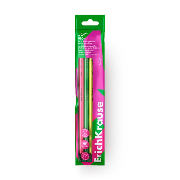 Карандаши чёрнографитные Erich Krause Joy Neon HB с ластиком 4 шт