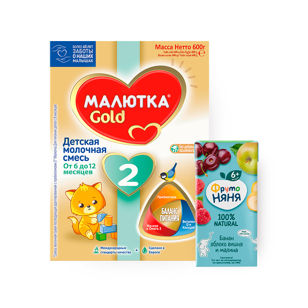 Смесь молочная детская Nutrilon Малютка Gold 2 от 6 до 12 месяцев, 600 g + Нектар «ФрутоНяня» банан-яблоко-вишня-малина с 6 месяцев, 200 ml