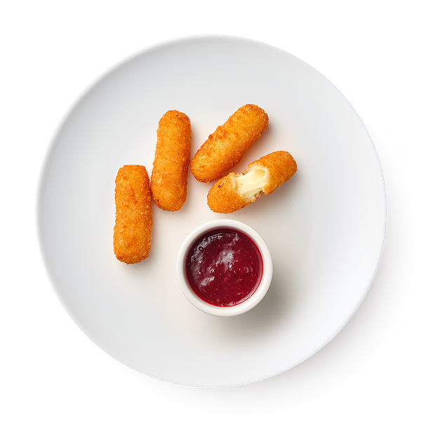 Малая порция Сырные палочки с моцареллой и брусничным соусом Бургер BBQ куриный «Из Лавки», 4 шт