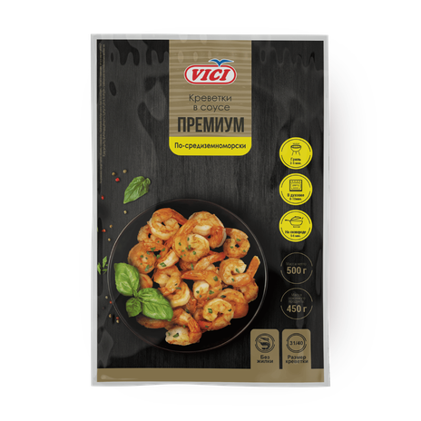 Креветки По-средиземноморски Vici Премиум очищенные с хвостиком в соусе замороженные