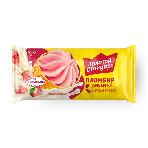 Мороженое пломбир клубничный «Инмарко» «Золотой стандарт» в рожке