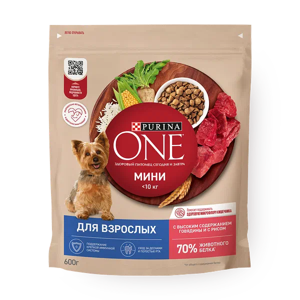 Сухой корм для взрослых собак Purina One Mini говядина и рис