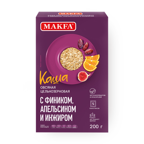 Каша овсяная цельнозерновая Makfa с фиником, апельсином и инжиром на фруктозе порционная 5 шт.