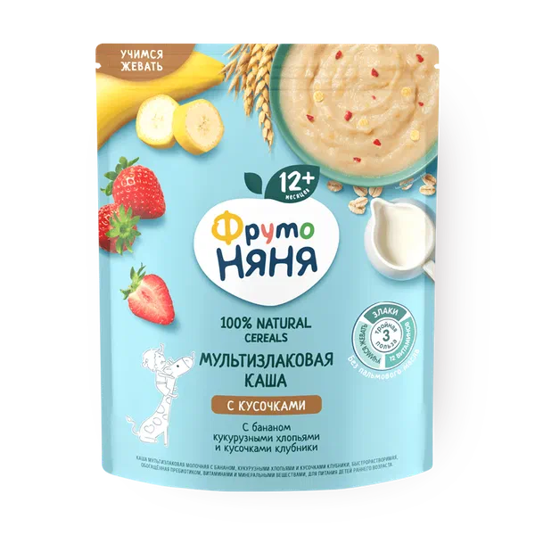 Каша молочная мультизлаковая «Фрутоняня» банан-клубника-кукурузные хлопья