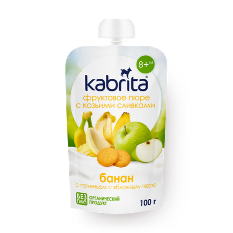 Пюре Kabrita с козьими сливками банан с печеньем и яблочным пюре с 8 месяцев